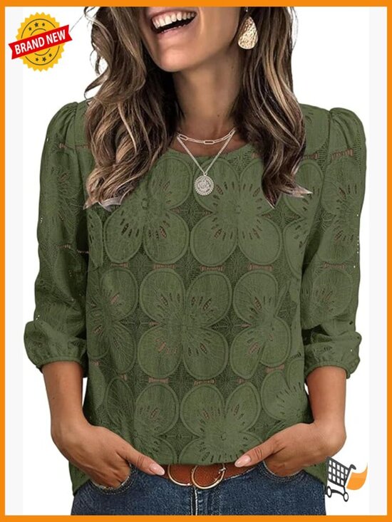 Tops - Lace Eyelet Blouse 3/4 Sleeve Peasant Top Lightweight Nylon Blend